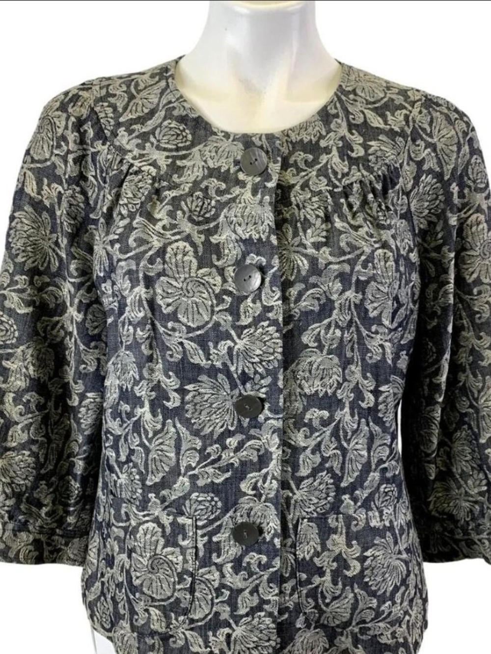 J. Jill Navy and Cream Floral Jacquard Jacket